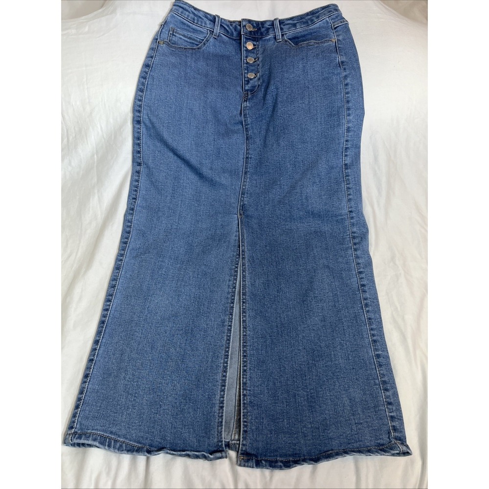 OAT New York Denim Midi Pencil Skirt Women Sz 10/30 Front Slit Light Wash Retro